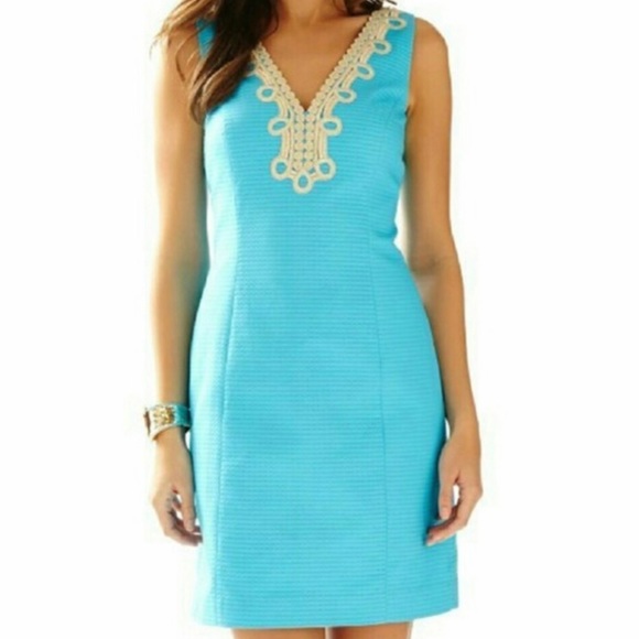 Lilly Pulitzer Bentley Shift Dress Searulean Blue Gold Embroidered Size 10 - Picture 2 of 13